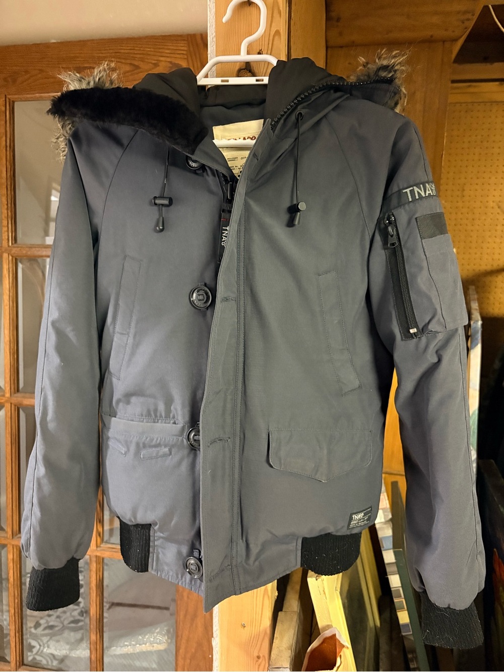 TNA XS  Dark Navy Hooded Puffer Coat with Faux Fur Trim